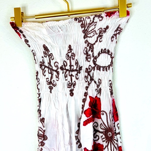 Strapless Smocked Dress White Pink Floral Boho Beach Cover-Up Small 27.5” Length - Picture 9 of 9